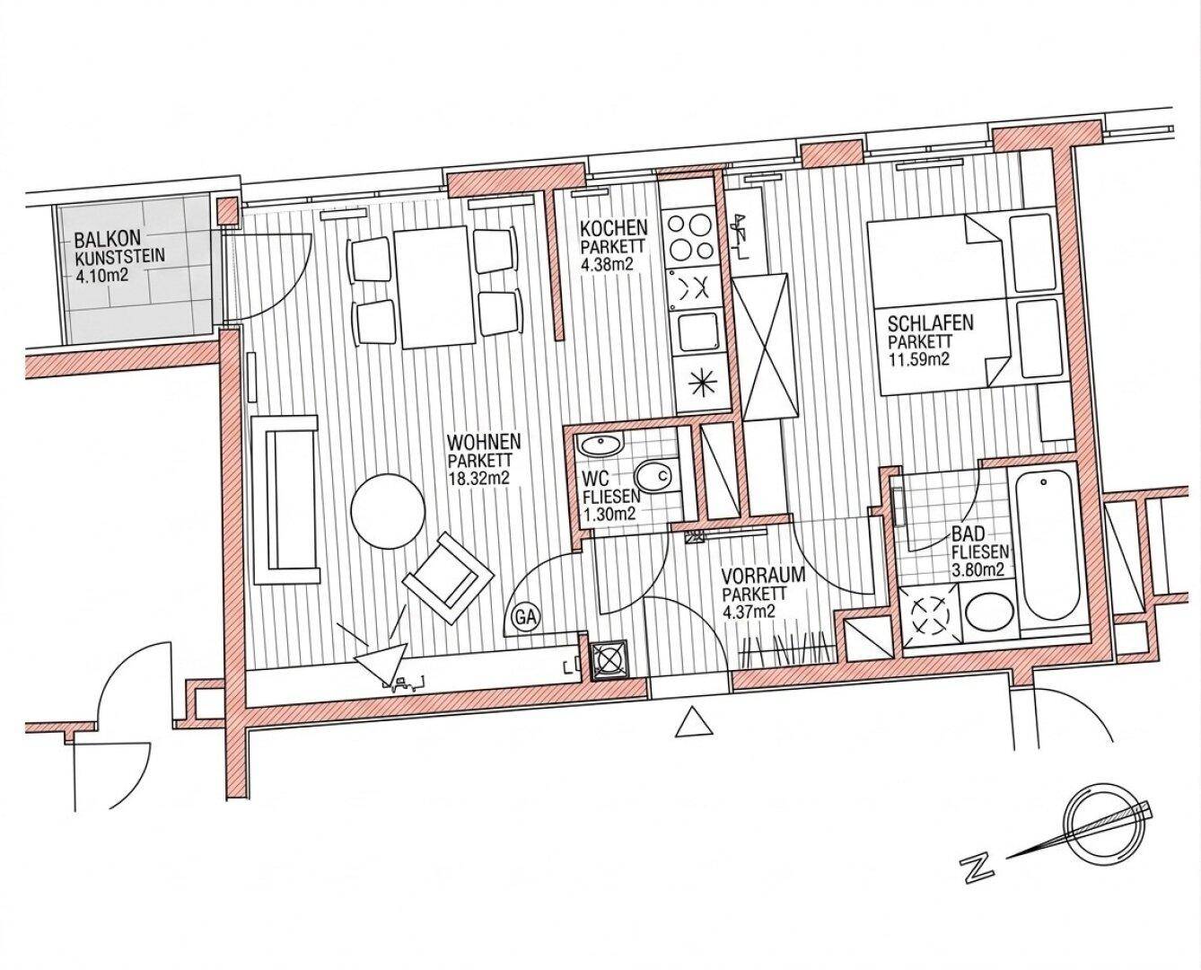 Grundriss der Wohnung mit Balkon, separatem WC und offenem Wohn-Essbereich.
