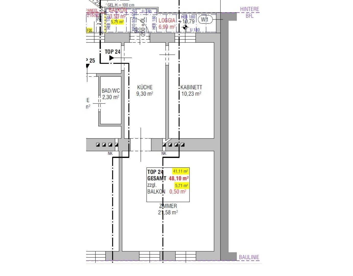Grundriss der Wohnung mit Zimmern, Küche, Bad, Loggia und Balkon.