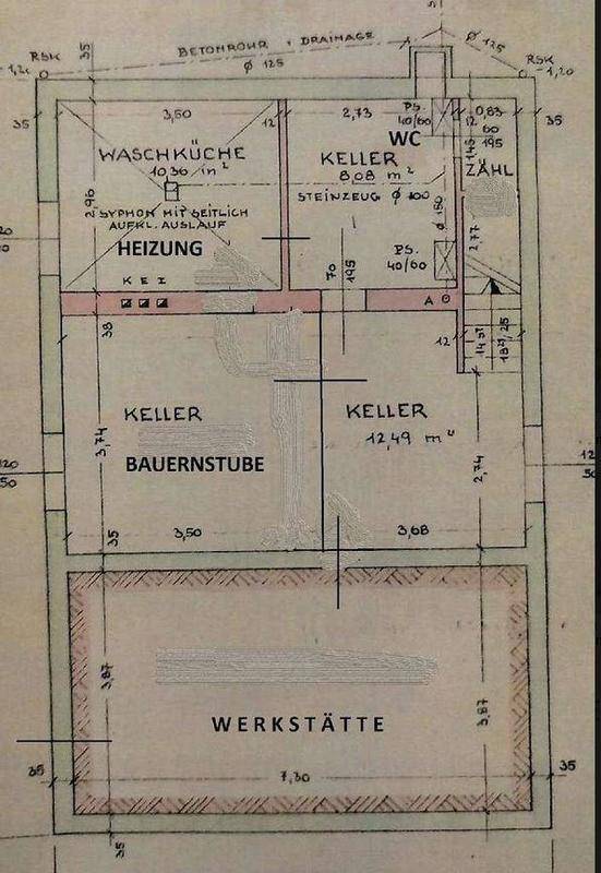 Grundriss des Kellergeschosses mit Waschküche, Kellerräumen, WC, Heizung und Werkstattbereich.