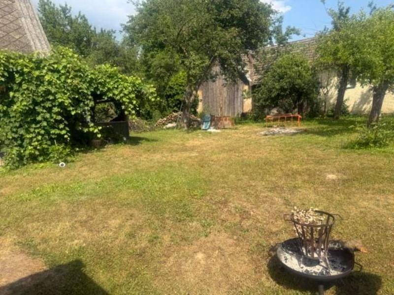 Großer Garten mit Feuerstelle, Rasenfläche und einer von Weinreben bewachsenen Pergola.