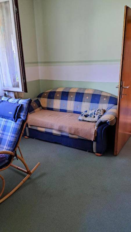 Schlafzimmer mit kariertem Sofa, Teppichboden und Fenster, bietet eine gemütliche Atmosphäre.