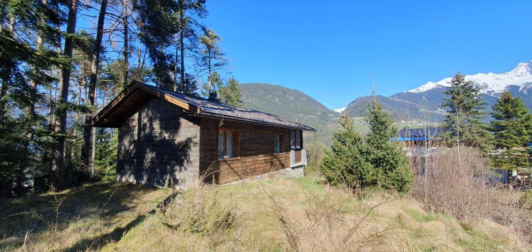 Charmantes Holzhaus in idyllischer Waldrandlage mit Blick auf die umliegende Berglandschaft.