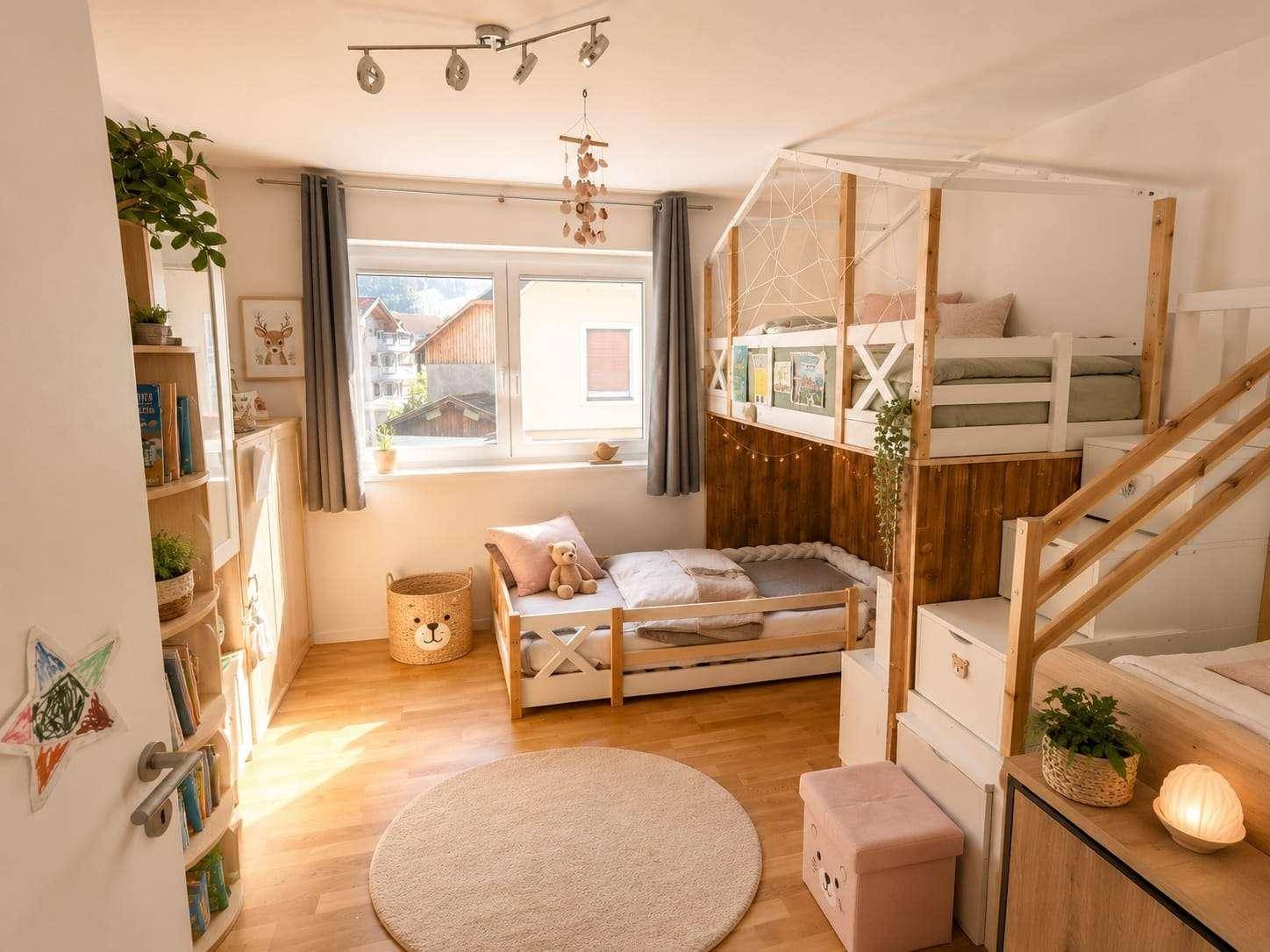 Gemütliches Kinderzimmer mit Etagenbett, Holzboden und viel natürlichem Licht durch große Fenster.