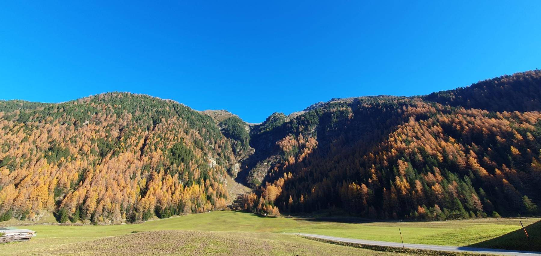 Beeindruckende Berglandschaft mit herbstlich gefärbten Wäldern unter blauem Himmel.