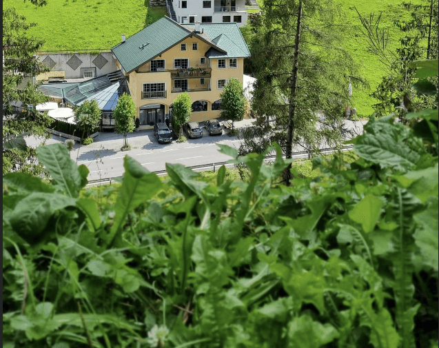Gebäude tagsüber von erhöhter Position aus gesehen, umgeben von grünen Hügeln und Bäumen, mit einer Glasüberdachung.