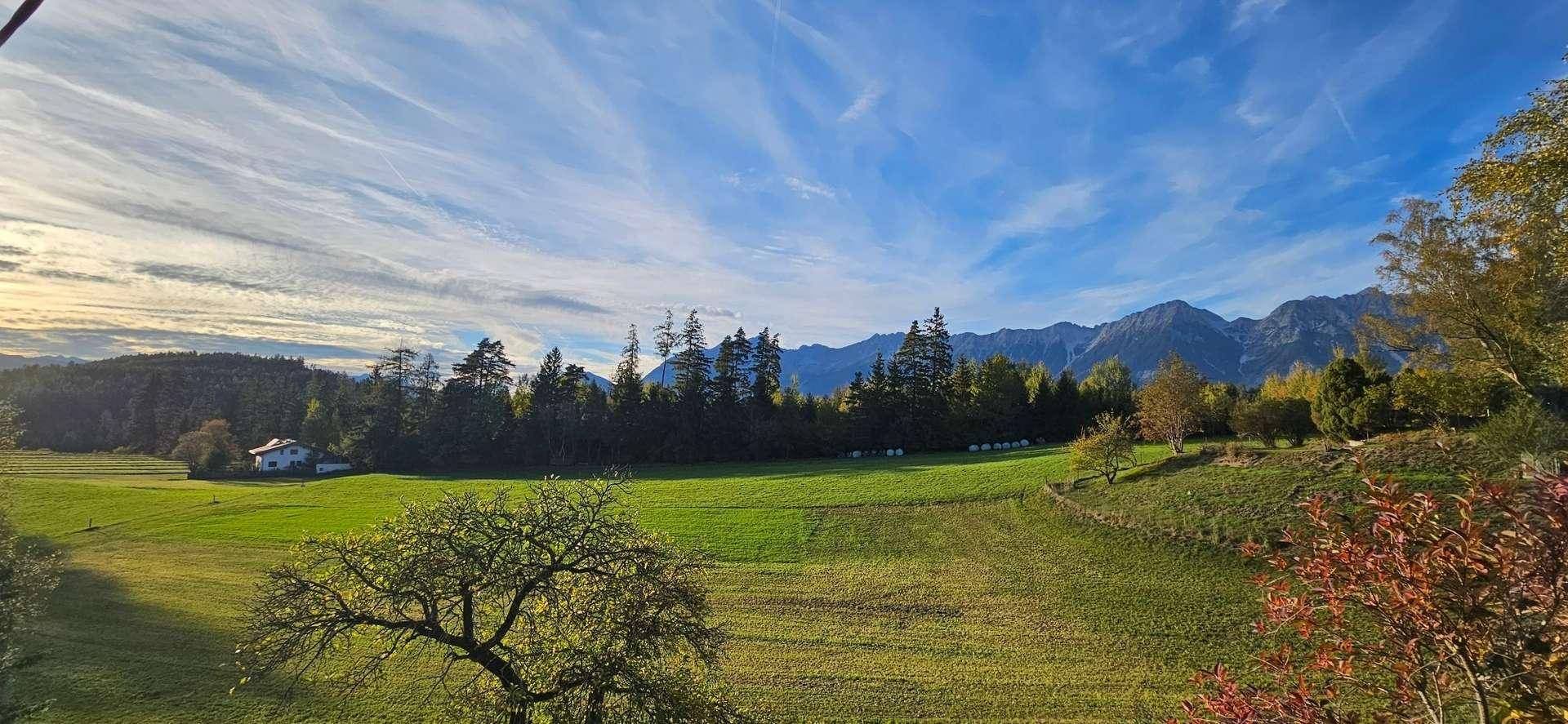 Weitläufiger Blick über grüne Felder und Wälder mit majestätischen Bergen im Hintergrund unter blauem Himmel.