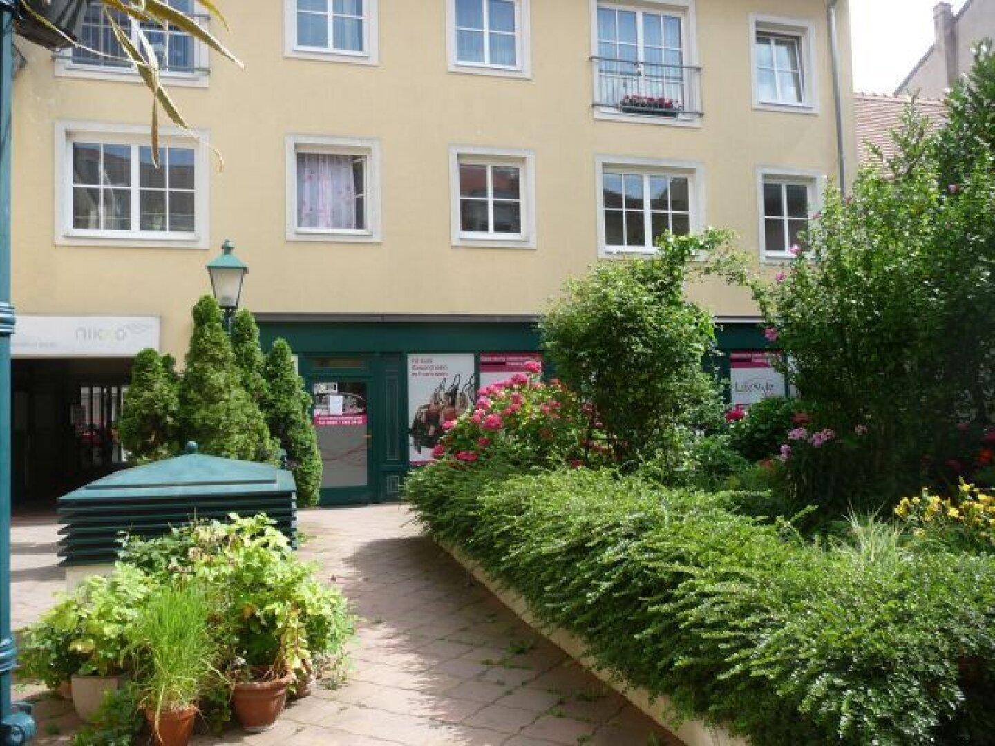 Gesamtansicht der Ladenfront mit umliegender Grünanlage, gepflastertem Weg und darüber liegenden Wohnungsfenstern.