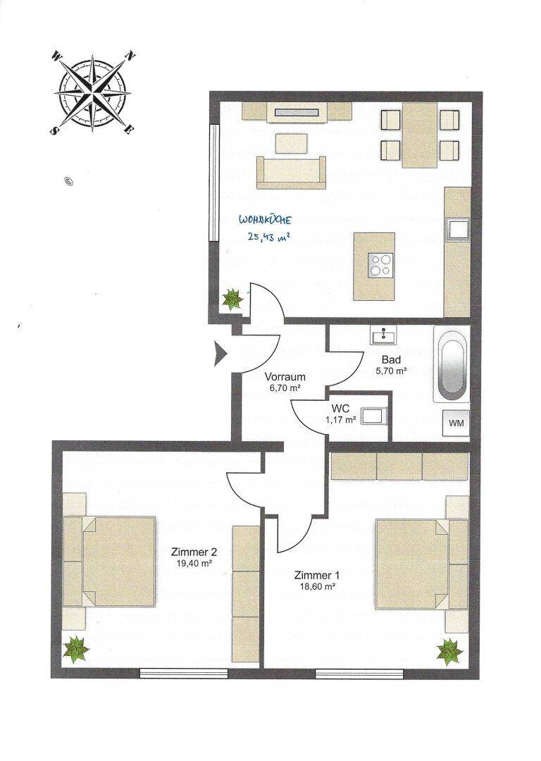 Grundriss einer Wohnung mit offener Wohnküche, zwei Schlafzimmern, einem Badezimmer und separatem Gäste-WC.