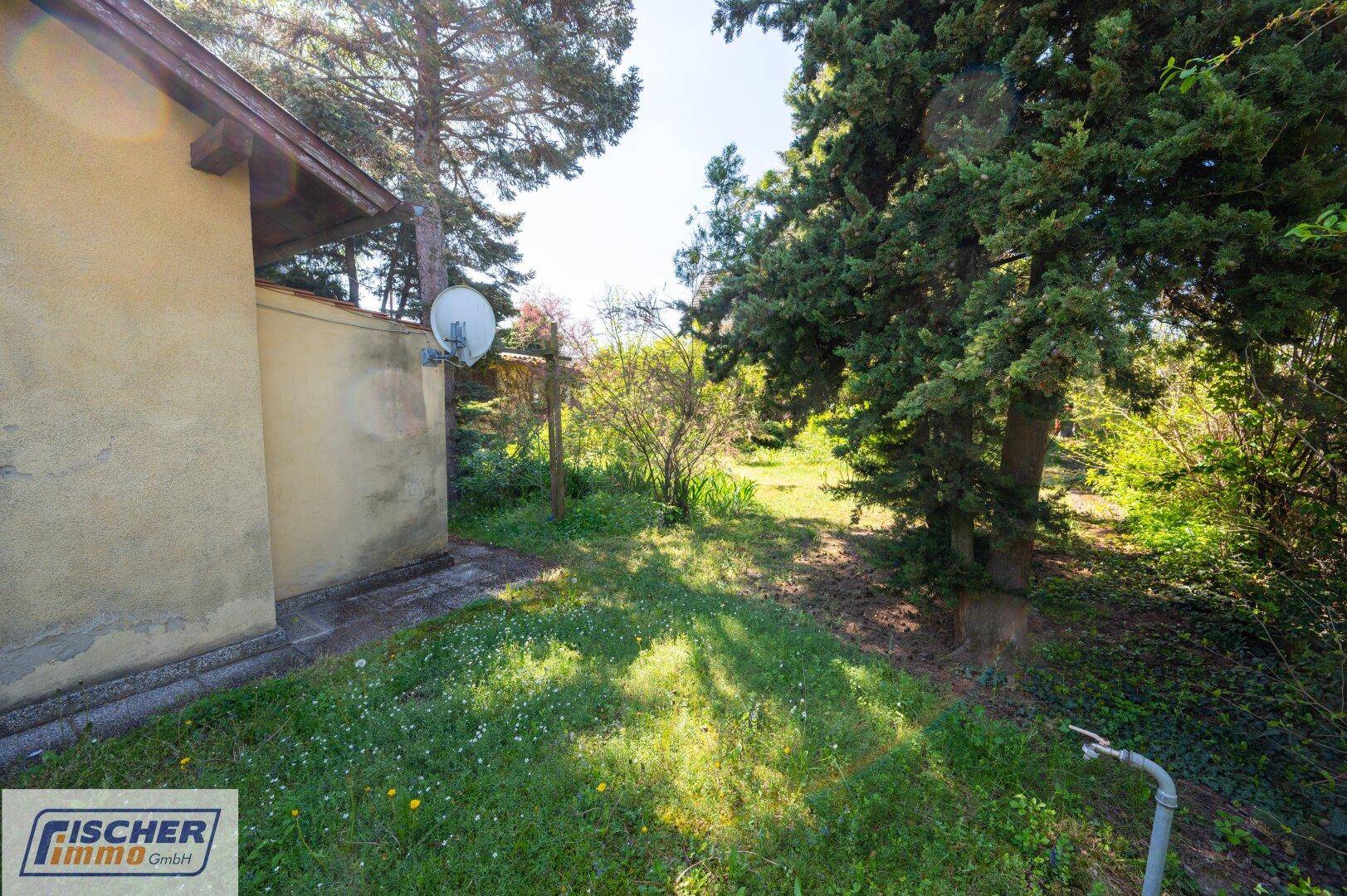 Seitlicher Gebäudebereich mit kleiner Terrasse und angrenzendem grünen Garten mit Bäumen.