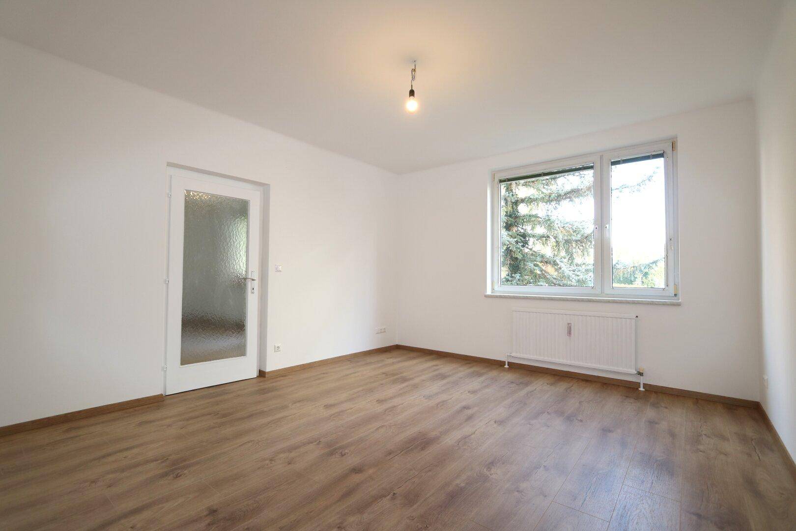 Geräumiger, heller Raum mit Laminatboden und großen Fenstern, ideal als Wohn- oder Schlafzimmer.