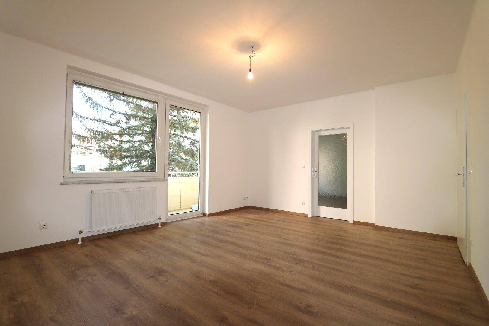 Heller Wohnraum mit Laminatboden, weißen Wänden und Zugang zu einem Balkon.