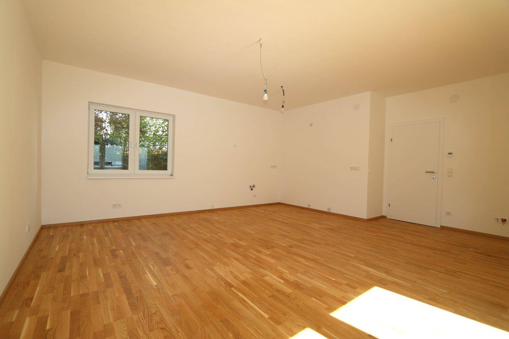 Wohn-/Esszimmer mit offener Küche und Zugang zur Terrasse