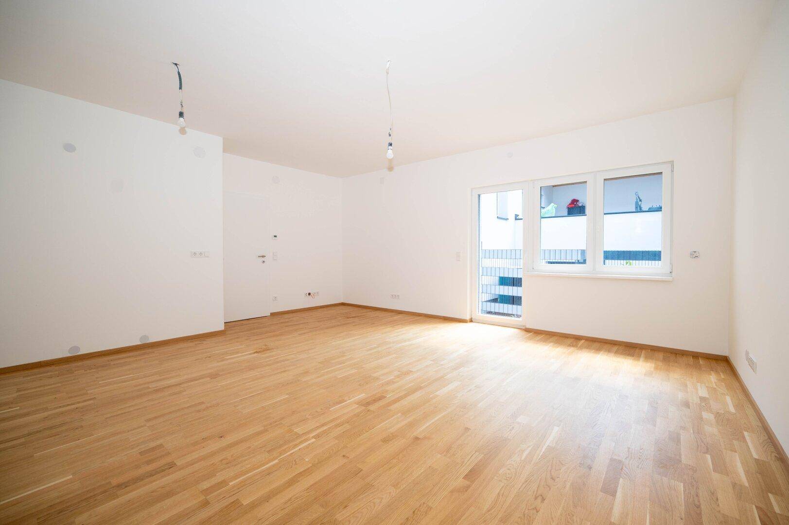 Wohn-/Esszimmer mit offener Küche und Zugang zur Terrasse