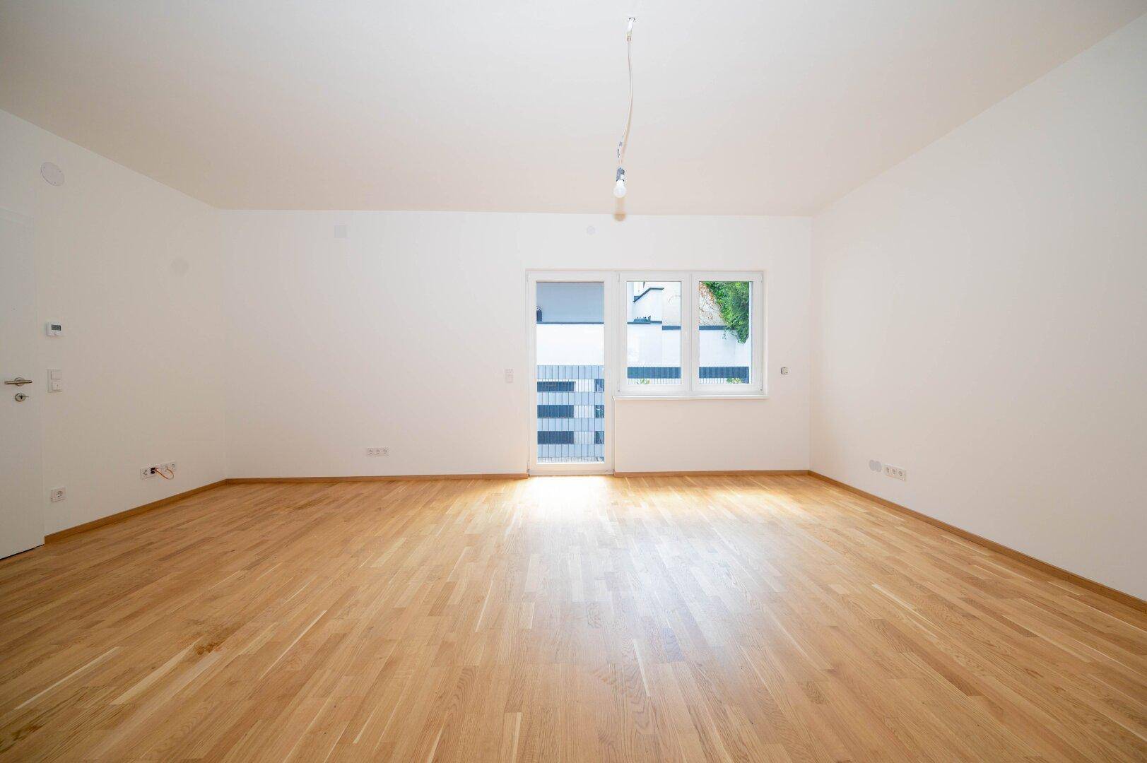Wohn-/Esszimmer mit offener Küche und Zugang zur Terrasse