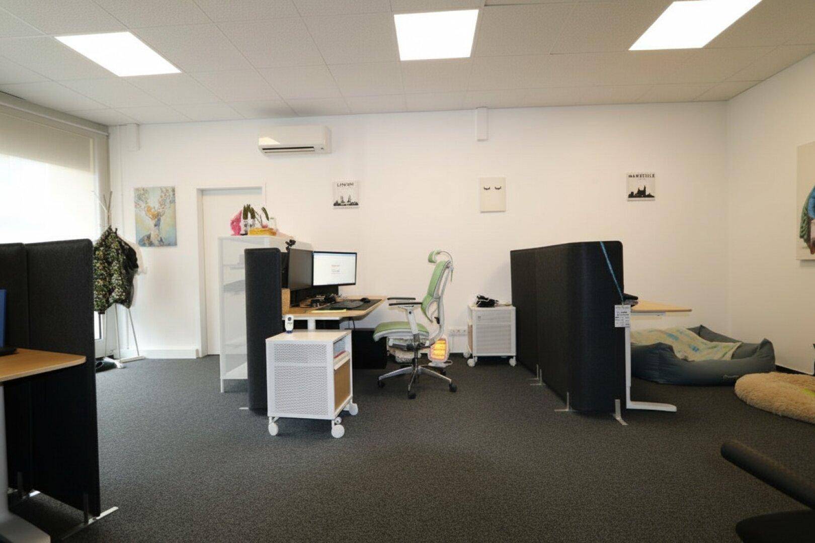 Arbeitsbereich im Büro mit mehreren Schreibtischen, ergonomischen Stühlen und Raumteilern, hell und modern.