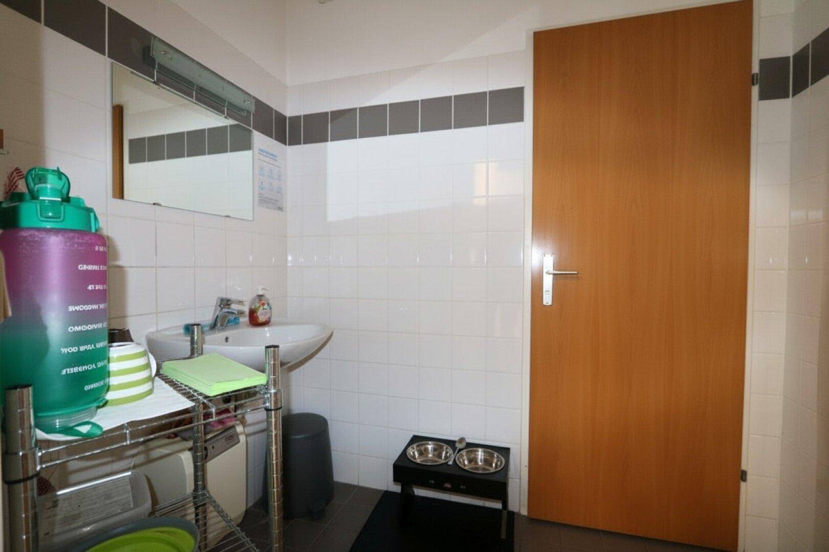 Funktionaler Raum mit Waschbecken, Spiegel und gefliesten Wänden, auch für Haustiere geeignet, sauber und hell.