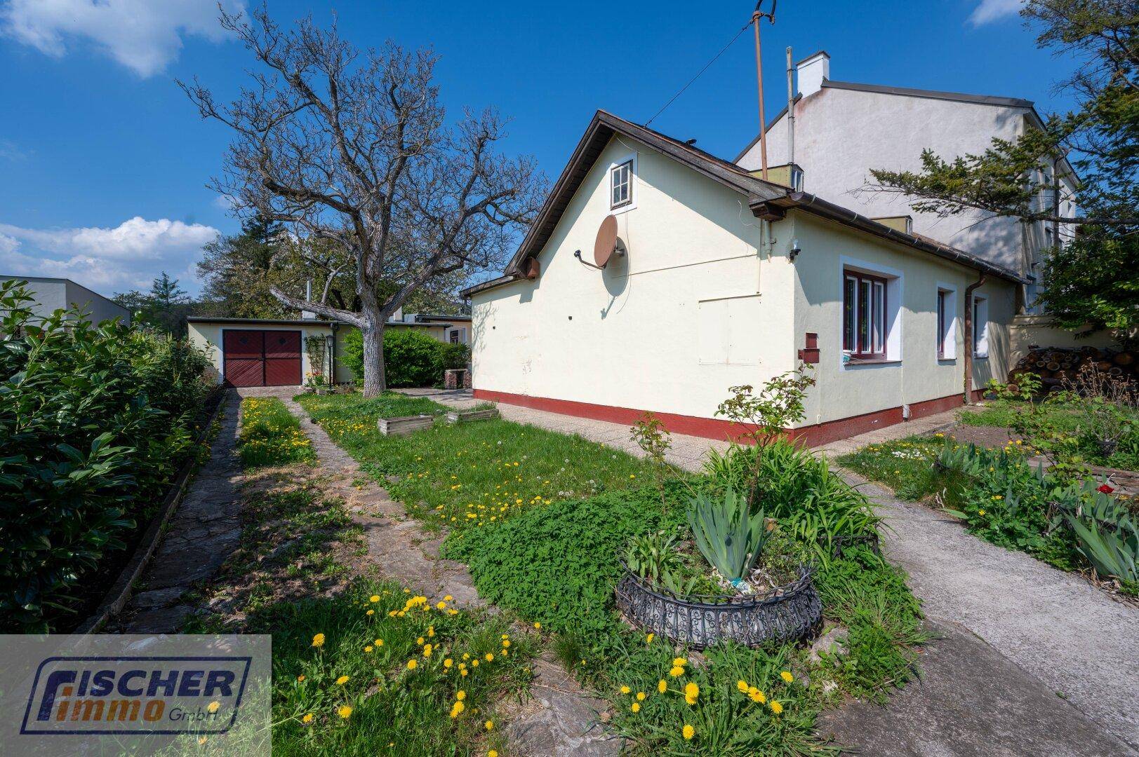 Seitenansicht des Hauses mit Zufahrt zur Garage und einem kleinen Vorgartenbereich unter blauem Himmel.