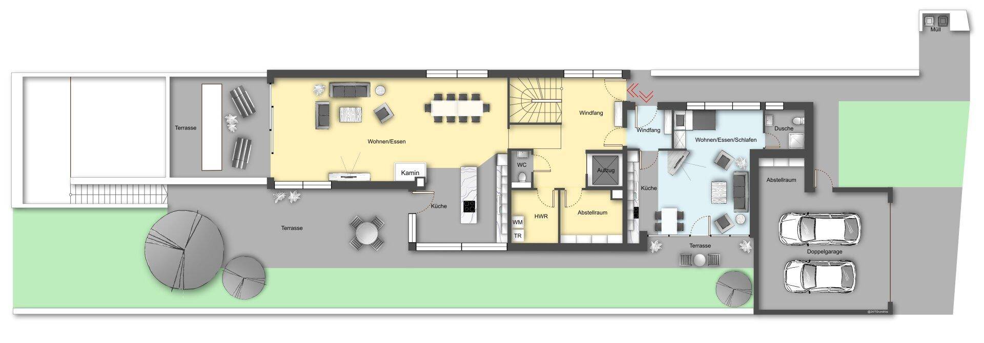 Grundriss des Erdgeschosses mit offenem Wohnbereich, Küche, Terrasse und Garten.