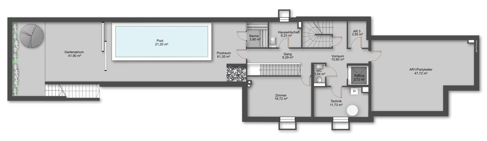 Grundriss des Untergeschosses mit Pool, Sauna, Technikraum und Kellerabteil.