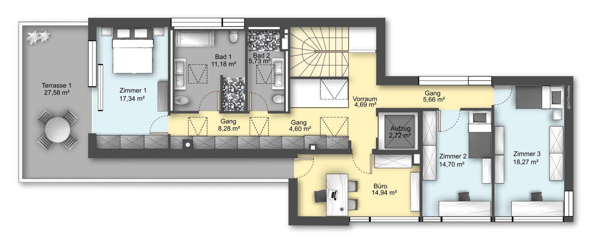 Grundriss des Obergeschosses mit Schlafzimmern, Bädern, Büro und großer Terrasse.
