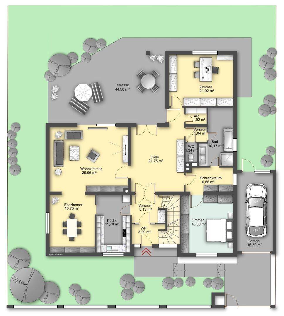 Detaillierter Grundriss des Erdgeschosses mit Wohnzimmer, Küche, Esszimmer, Schlafzimmern und großer Terrasse.