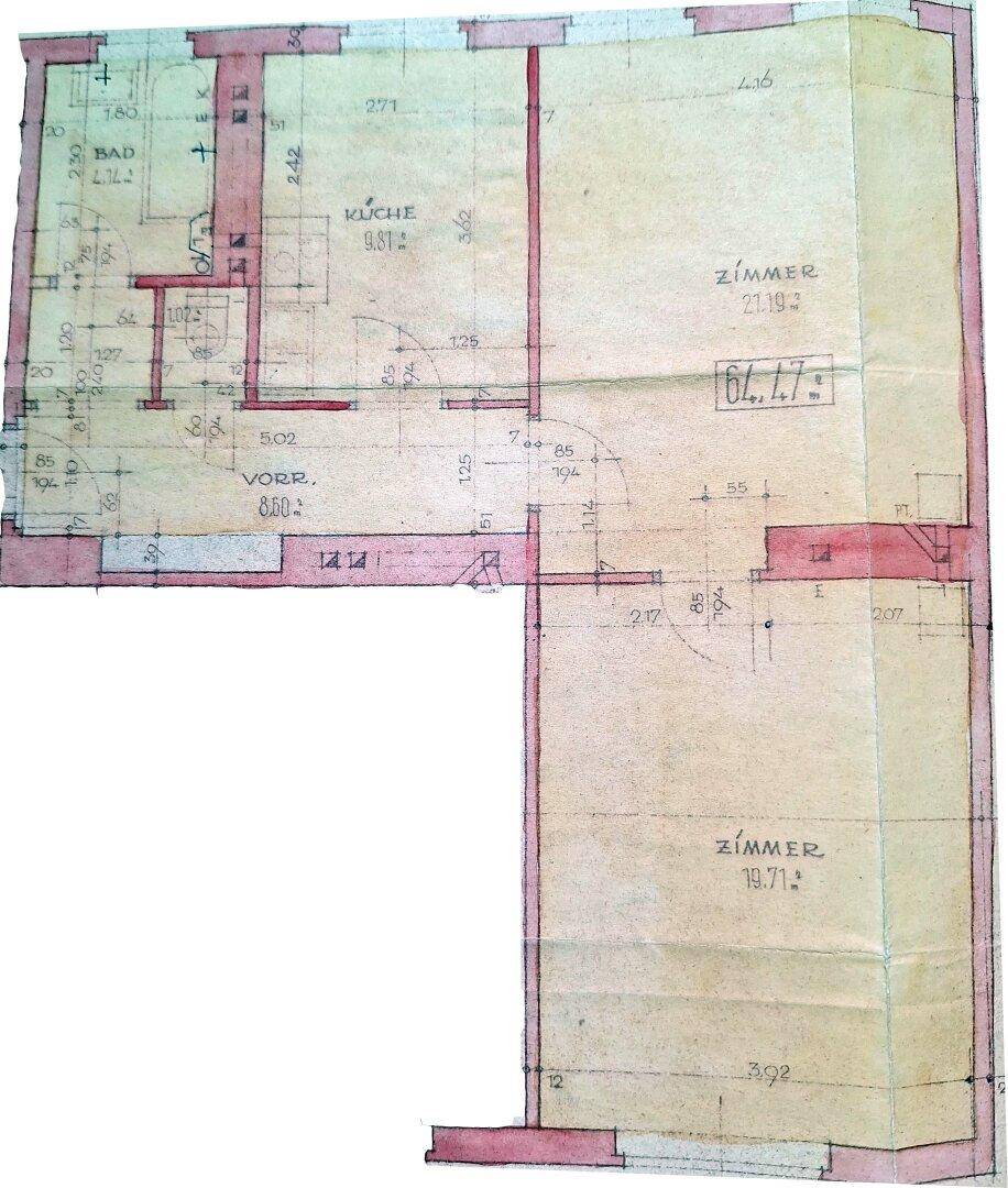 Handgezeichneter Grundriss der Wohnung mit Aufteilung in Bad, Küche und mehrere Zimmer.