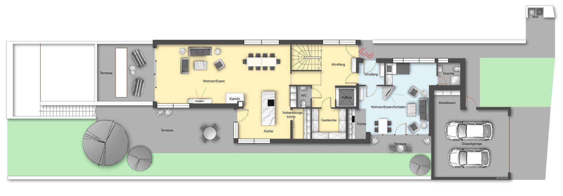 Grundriss des Erdgeschosses mit offenem Wohnbereich, Küche, Terrasse und Doppelgarage.