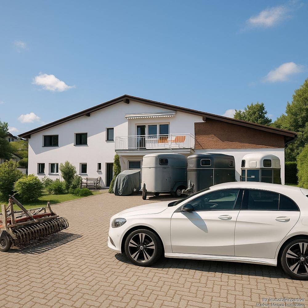Großes Wohnhaus mit weißer Fassade, Balkon und gepflasterter Auffahrt, davor parken ein Auto und Pferdeanhänger.