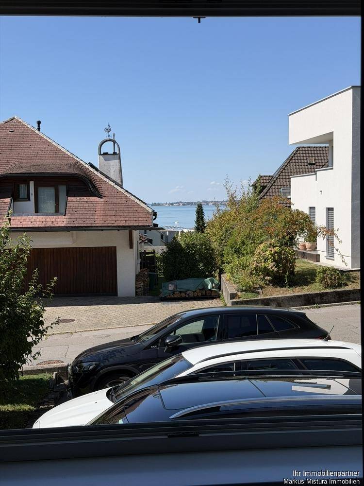 Blick aus dem Fenster auf die Straße mit parkenden Autos, Nachbarhäuser und einen entfernten Seeblick.