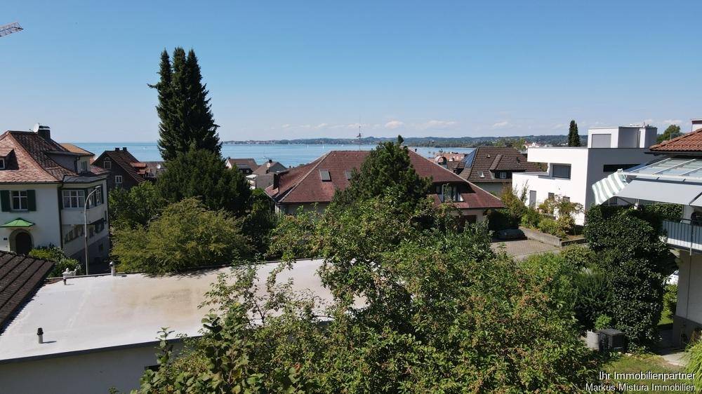 Weitläufiger Blick über den See und die umliegende Landschaft mit Dächern und Bäumen im Vordergrund.