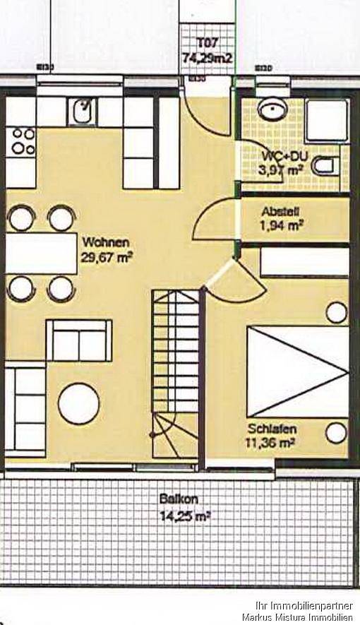 Grundriss des Erdgeschosses mit Wohnzimmer, Schlafzimmer, Bad und großem Balkon.