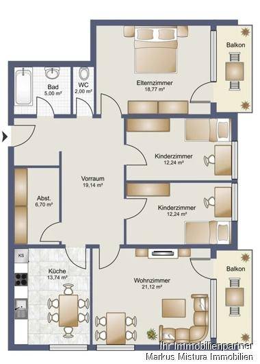 Detaillierter Grundriss der Wohnung mit drei Schlafzimmern und Balkonen.