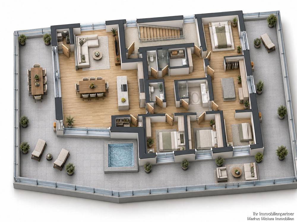 Exklusiver 3D-Grundriss einer Penthouse-Wohnung mit großer Dachterrasse und kleinem Pool.