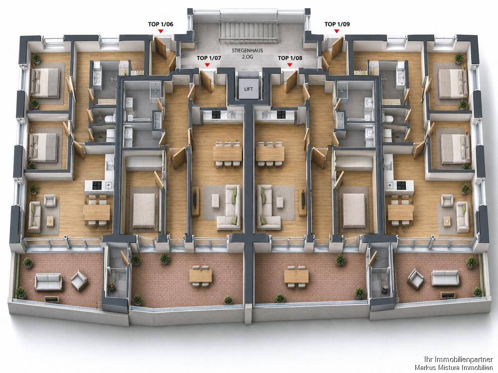 Detaillierter 3D-Grundriss einer Etage mit mehreren Wohneinheiten und Gemeinschaftsbereichen.