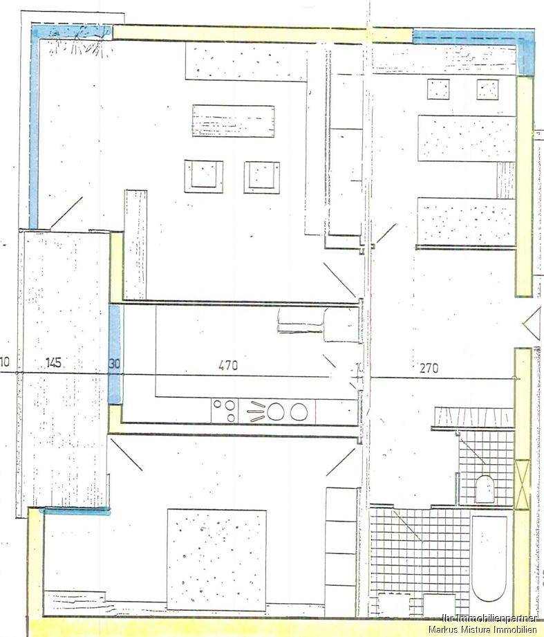 Grundriss einer Wohnung mit mehreren Zimmern und einem Badezimmer.