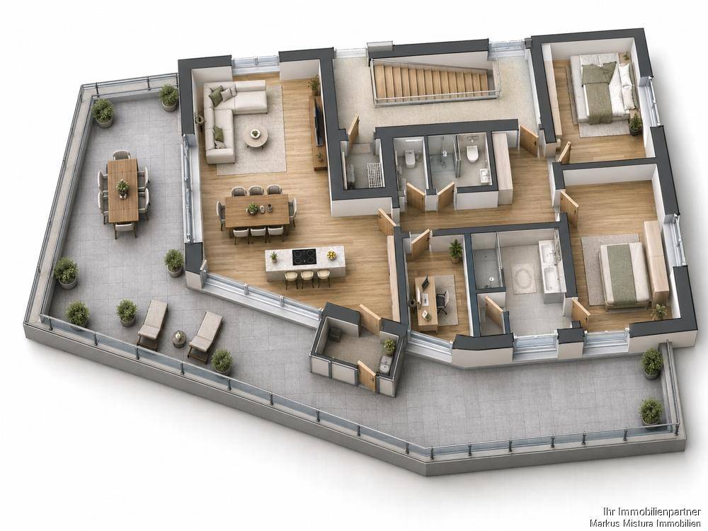 Geräumiger 3D-Grundriss einer Penthouse-Wohnung mit weitläufiger Dachterrasse und Essbereich im Freien.