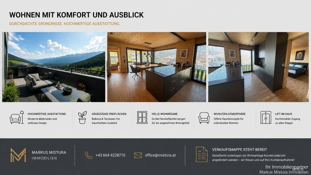 Collage mit einer Terrasse mit Bergblick, einer modernen Holzküche und einem stilvollen Schlafzimmer.