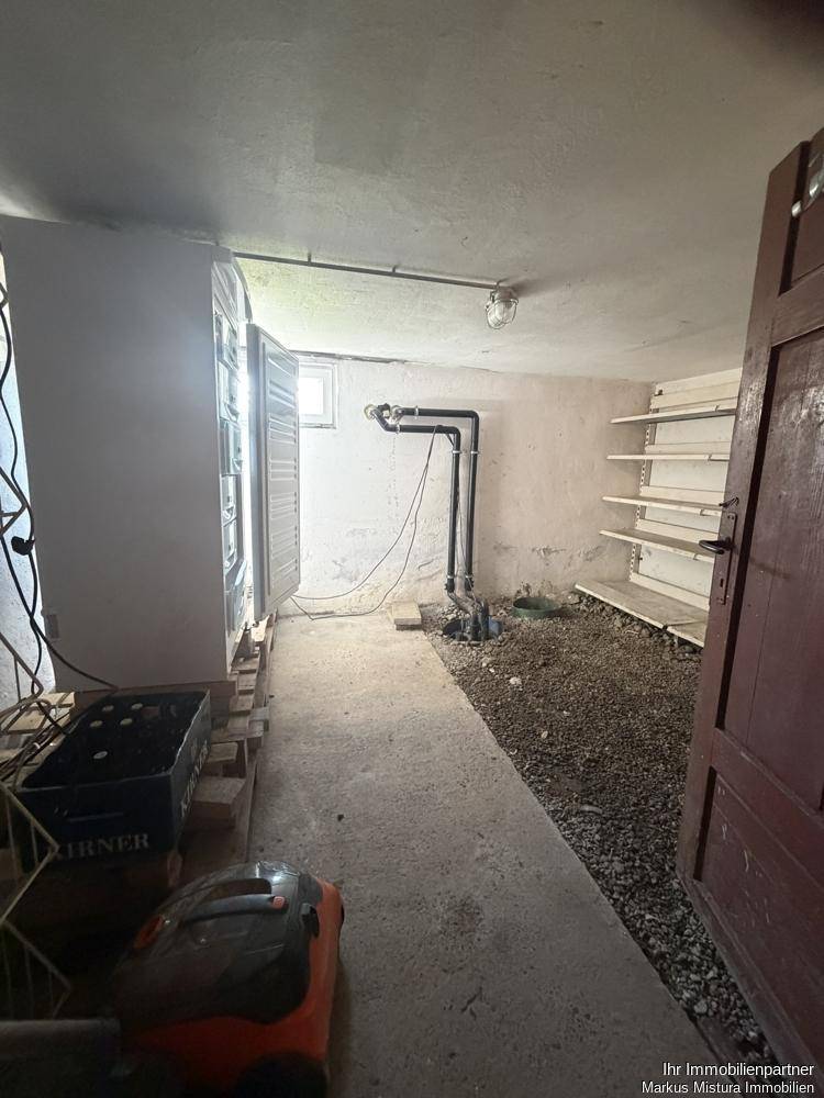 Kellerraum mit Regalen, Fenster und Betonboden, ideal für Lagerung und Werkstatt.