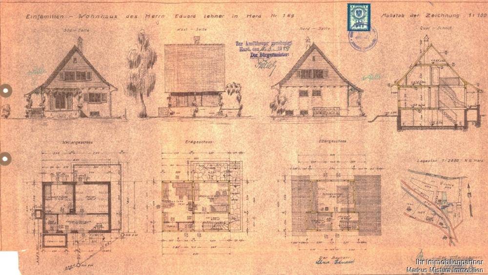 Historischer Grundrissplan des Einfamilienhauses mit verschiedenen Ansichten und Schnitten.