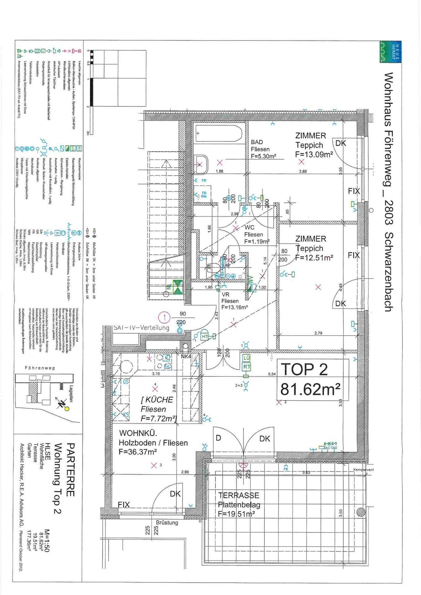 Grundriss der Wohnung Top 2 im Erdgeschoss mit 81,62m² Wohnfläche, offener Wohnküche und großer Terrasse.