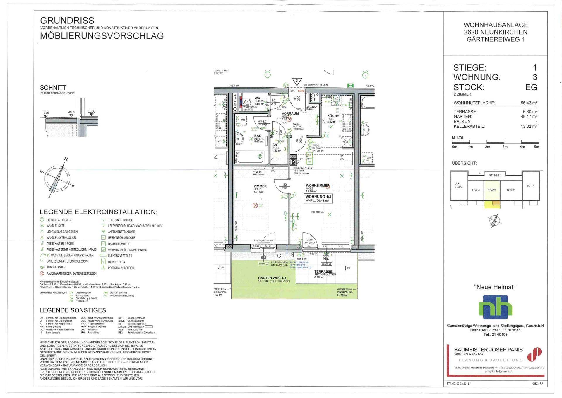 Detaillierter Grundriss einer Wohnung mit Terrasse, Garten und offenem Wohnbereich.