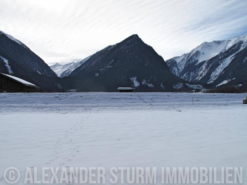 Winterliche Alpenlandschaft mit schneebedeckten Feldern und majestätischen Berggipfeln unter bewölktem Himmel.