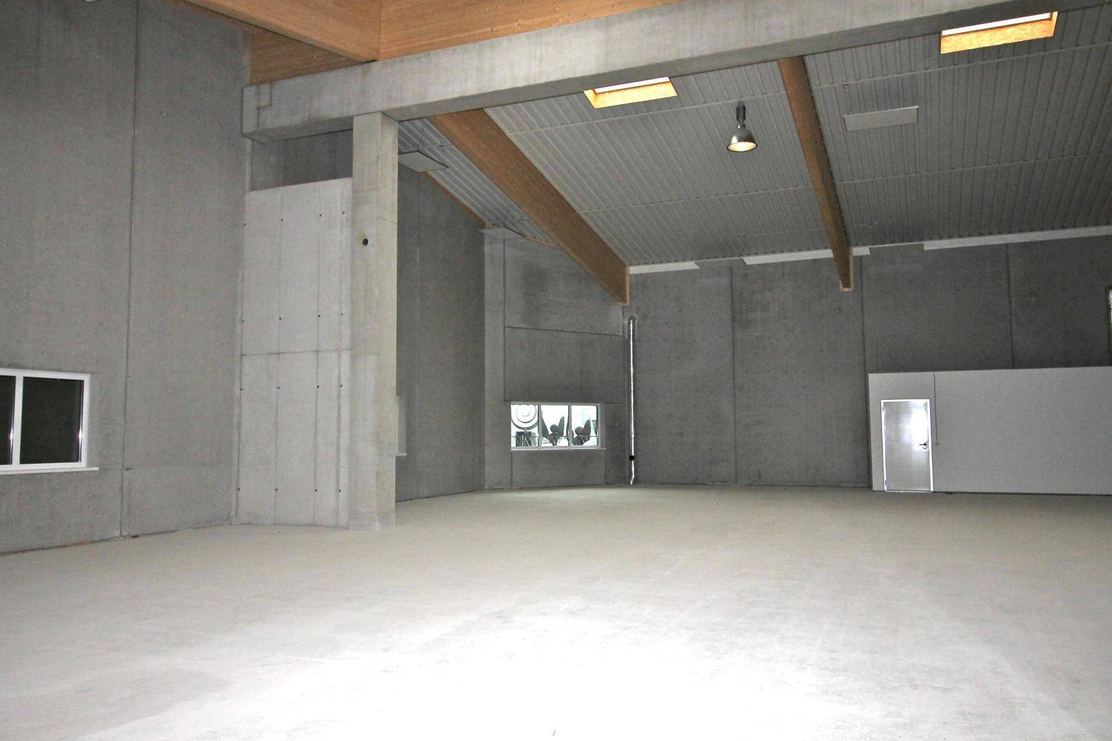 Weitläufige, ungenutzte Industriehalle mit Sichtbetonwänden, Holzbalken und Oberlichtern.