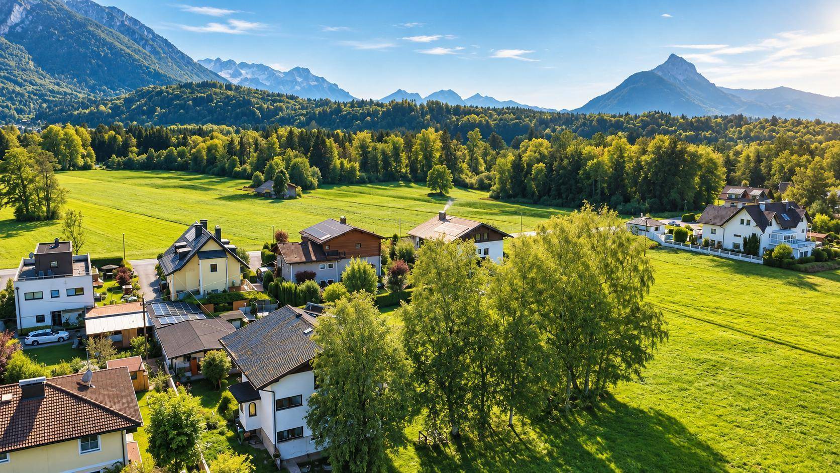 Luftaufnahme einer Wohnsiedlung in einer malerischen Berglandschaft mit viel Grün.