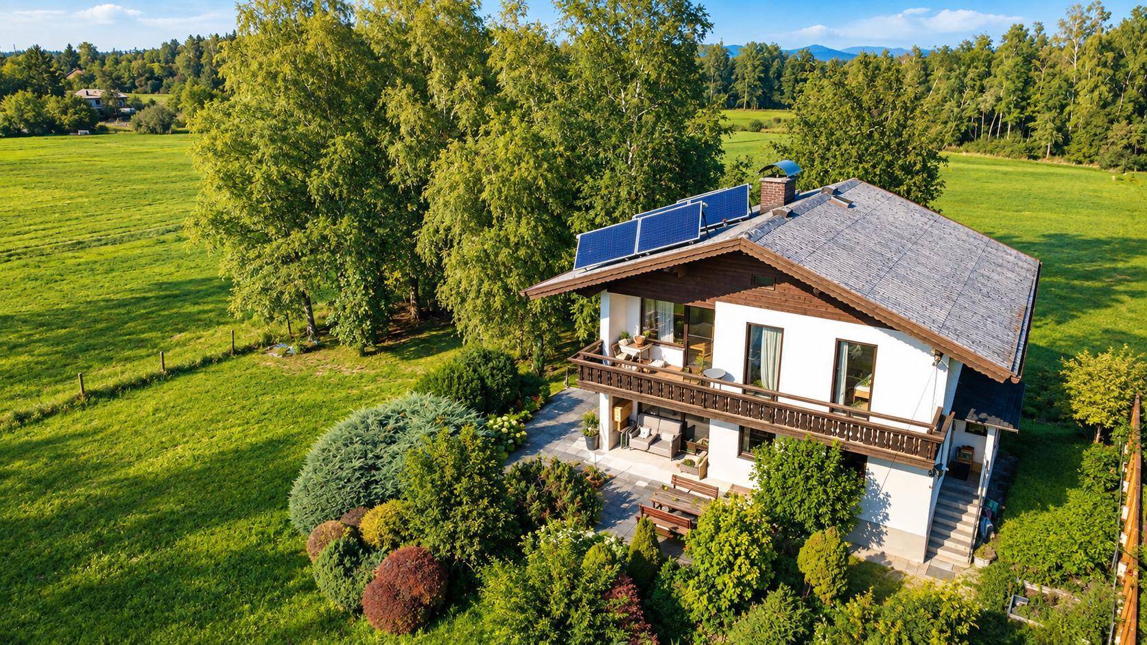 Luftaufnahme eines Hauses mit Solaranlage, umgeben von üppigem Grün und Bäumen.