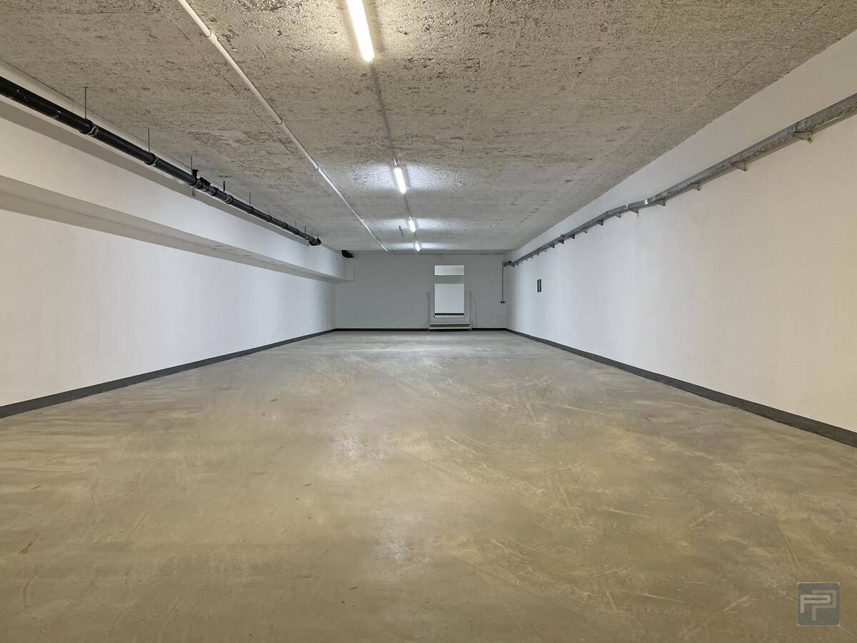 Geräumiger Kellerraum mit Sichtbetonboden, weißen Wänden und sichtbaren Installationen an der Decke.