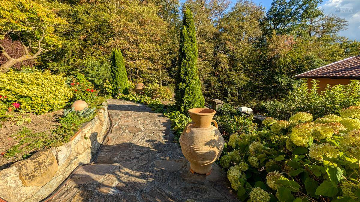 Steinweg durch den sonnigen Garten mit dekorativen Pflanzen und großen Terrakottagefäßen.