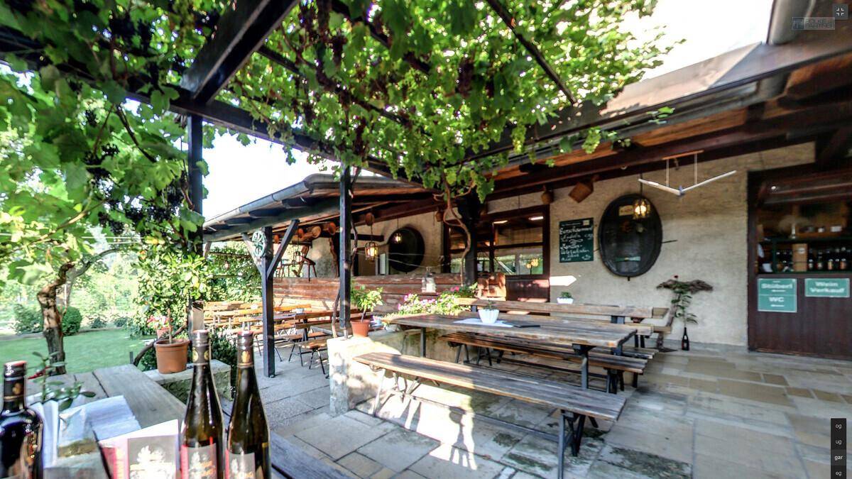 Rustikaler Außenbereich mit Holztischen und Bänken unter einer mit Weinreben bewachsenen Pergola.