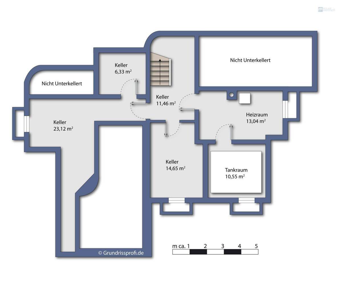 Grundriss des Kellergeschosses mit verschiedenen Kellerräumen und Heizraum.