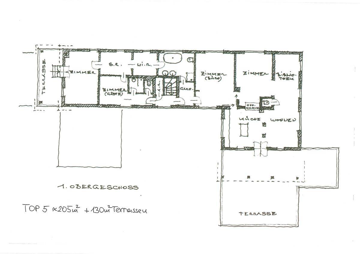 Handgezeichneter Grundriss des ersten Obergeschosses mit Zimmern und großer Terrasse.